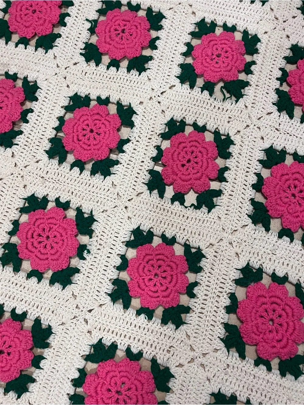 Handmade Crochet Rose Granny Square Throw Blanket Pink Floral Cottagecore 55x65